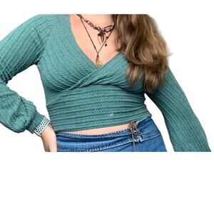 ZaFul Top Womens XL Green Forever Young Long Sleeve Cropped Knit Sweater NWT